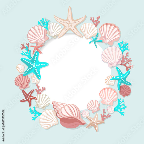 Decorative seashell and starfish circular frame in pastel coastal colors with coral accents and empty center space for invitations, cards , coastal summer designs. Flat style vector illustration.