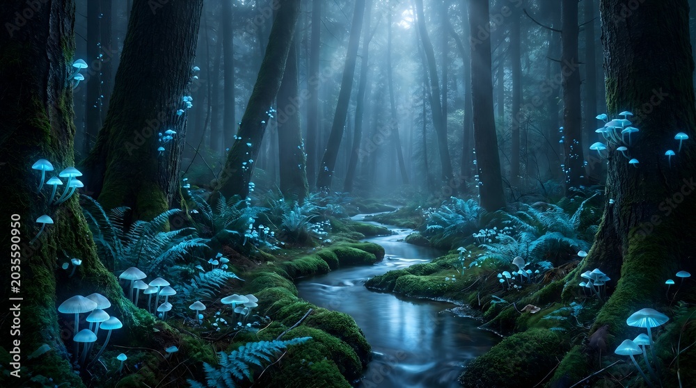 Fototapeta premium Blue Forest Stream Fantasy Nature Desktop Wallpaper for Computer Display 8K UHD