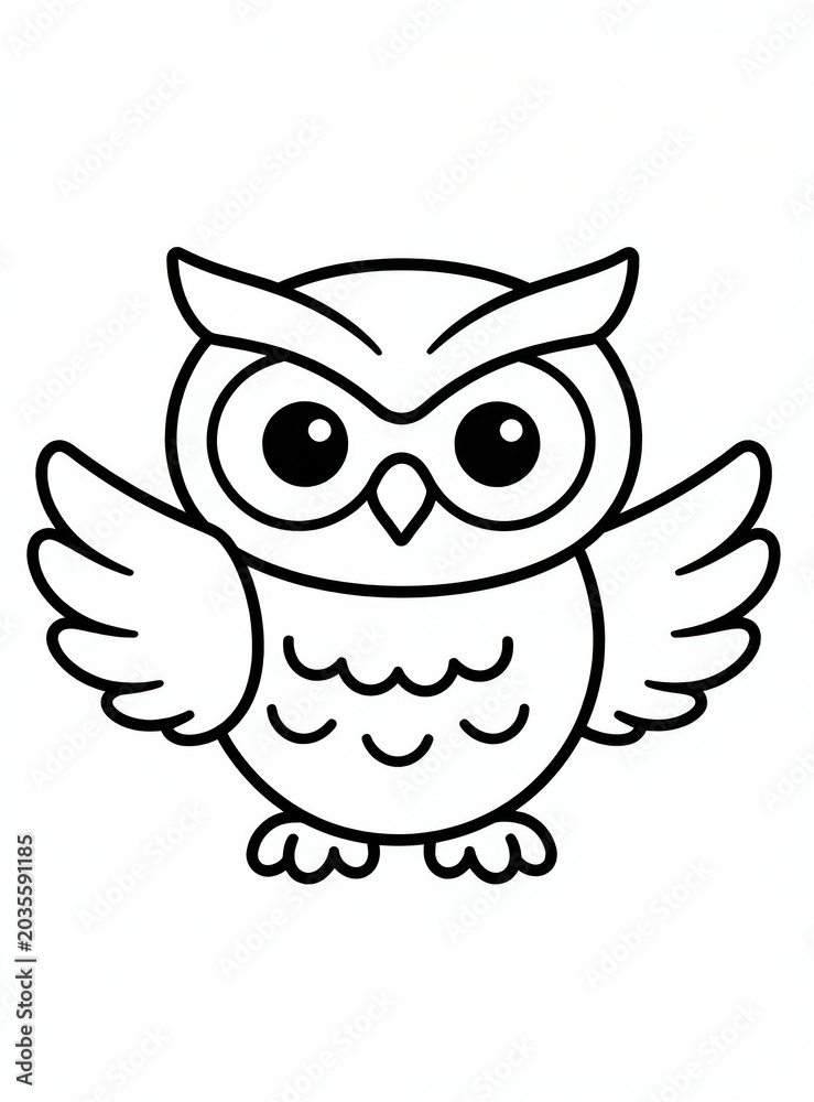 Fototapeta premium Cute cartoon owl illustration ready for coloring. Simple line art owl with open wings for kids activities. Adorable bird for creative fun and educational projects.