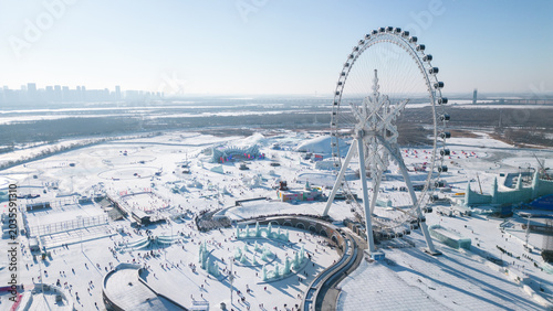 Aerial photography of Harbin International Ice and Snow Sculpture Festival is an annual winter festival that takes place in Harbin. It is the world largest ice and snow festival.