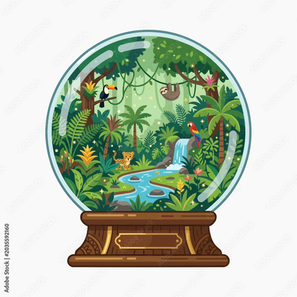 Fototapeta premium A vibrant jungle ecosystem encapsulated within a glass snow globe, featuring a waterfall, diverse flora and fauna, and a whimsical display of tropical life