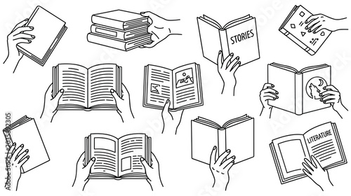 Foto Hands holding different books open.