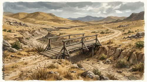 Cuadro en lienzo Wooden bridge over dry creek bed in arid desert landscape.