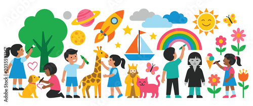 Tableau sur toile Children painting and drawing imaginative colorful objects.