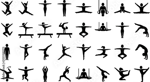 Various people performing yoga poses in a serene environment with vector file