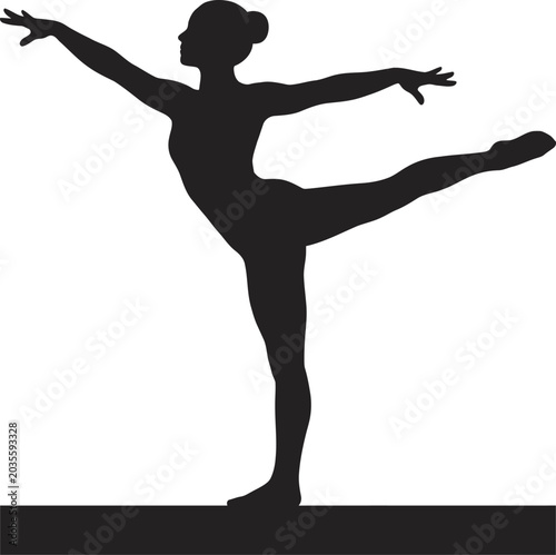 A dancer performs an elegant pose on stage with arms outstretched and leg extended.