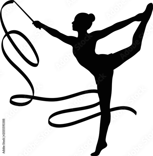 A female gymnast performs a rhythmic gymnastics routine with a ribbon in a graceful pose.