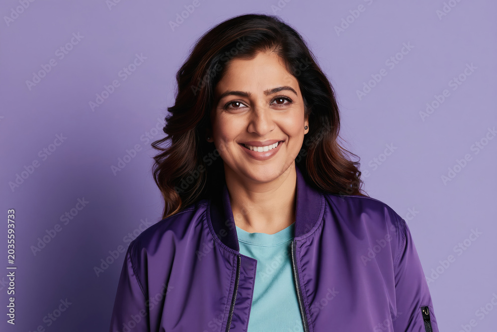 Fototapeta premium Middle aged Indian woman smiles joyfully wearing purple bomber jacket over light blue t-shirt. She has wavy brown hair and stands against a solid pastel purple background.