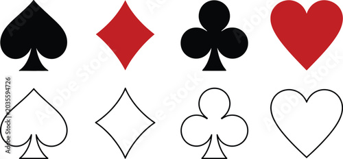 Playing card, suits icon set, casino symbols featuring spade heart diamond and club icons for gambling games and classic card design.