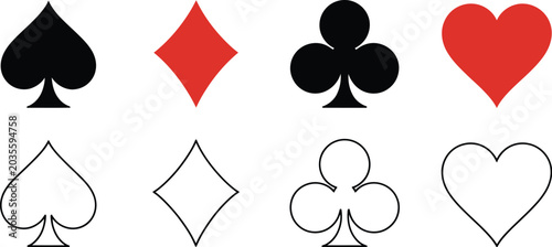 Obraz na płótnie Playing card suits, icon set, casino symbol pack with spade heart diamond and club icons for card games gaming graphics and betting themes