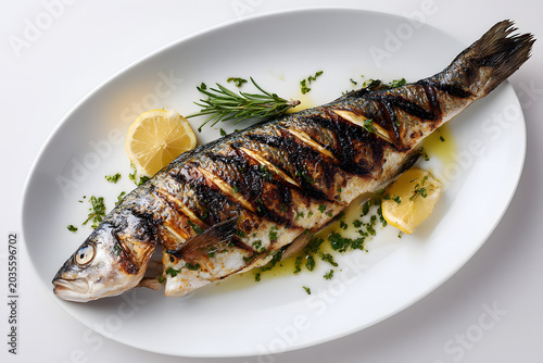 Whole Grilled Mediterranean Sea Bass with Lemon and Herbs on a White Plate