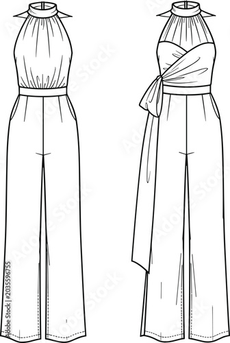 Принти на полотні Technical flat sketch of a women halter neck jumpsuit showing front and back vie