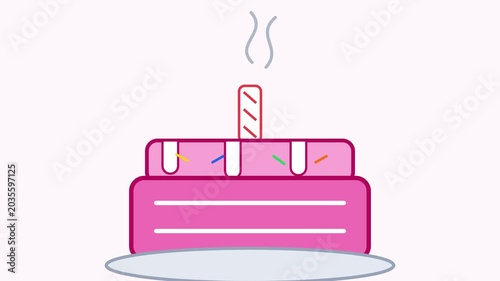 A pink birthday cake with a lit candle emits smoke on a plate indoors.