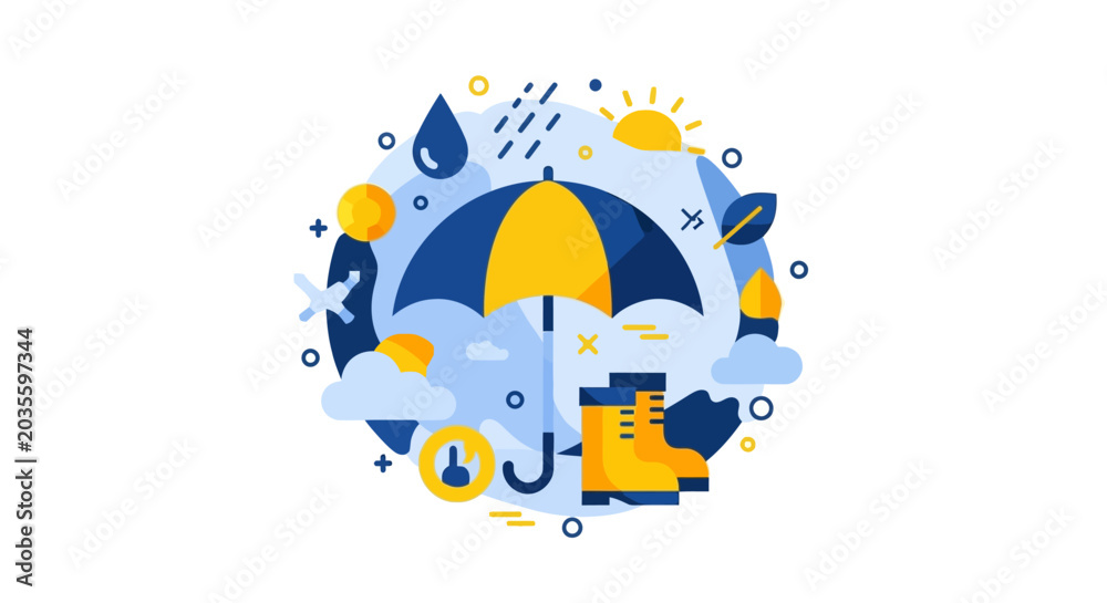 Naklejka premium Flat Weather Forecast and Protection Concept Illustration with Umbrella and Rain Boots
