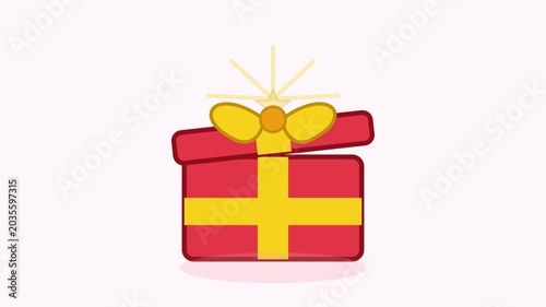 A bright red gift box with yellow ribbon and bow is wrapped and tied on a plain background