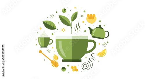 Healthy Organic Green Tea Concept Illustration with Matcha, Honey, Lemon, and Teapot Flat Vector Design