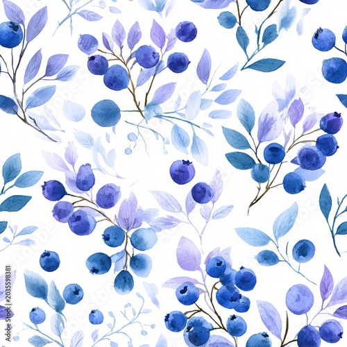 A seamless pattern features blue berries and leaves in watercolor on white