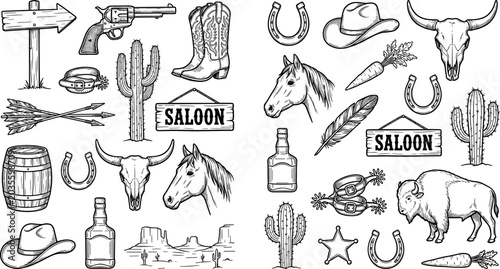 Konstfotografi Vintage wild west and cowboy elements set featuring hand drawn engraving style i