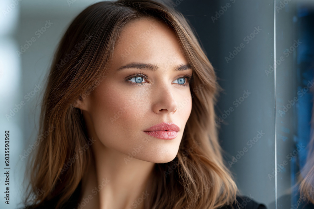 Naklejka premium Woman looks outside through a glass window