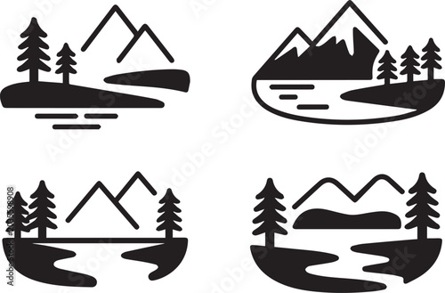 Collection of four black silhouette icons featuring mountain and tree landscapes with water
