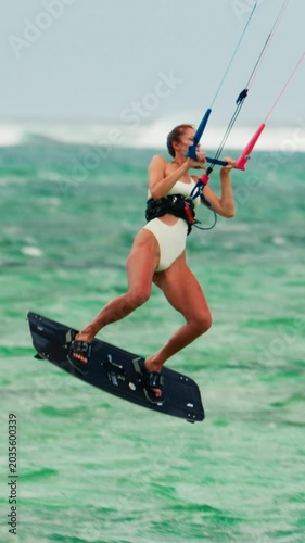  Sports woman kitesurfing in ocean in white bikini. Extreme summer sports