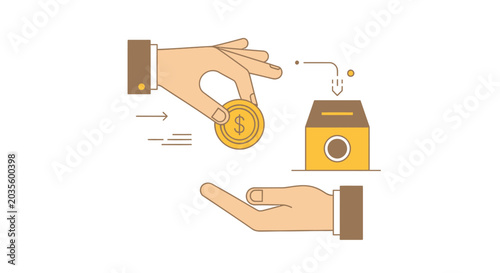 Hand Putting Dollar Coin Into Donation Box Vector Illustration