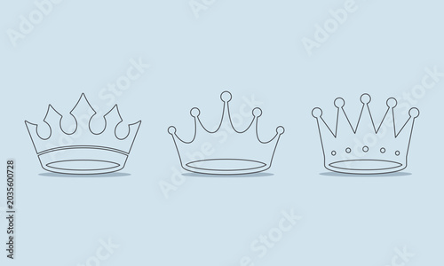 Three simple line art crowns on a light blue background, representing royalty and leadership