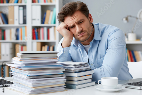 Man sits by stacks of books and papers in office
