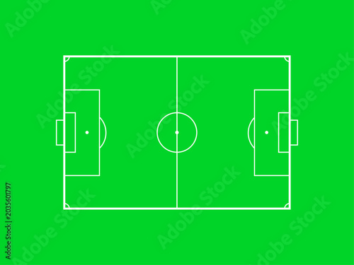 Soccer field top view vector layout. Football stadium green pitch background.
