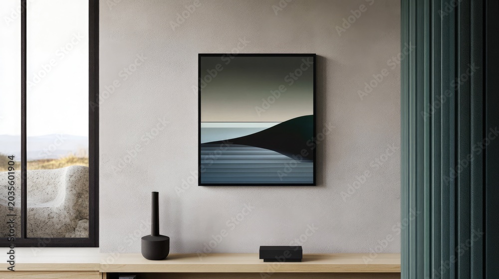 Fototapeta premium Elegant Modern Interior with Framed Abstract Artwork and Minimal Home Decor