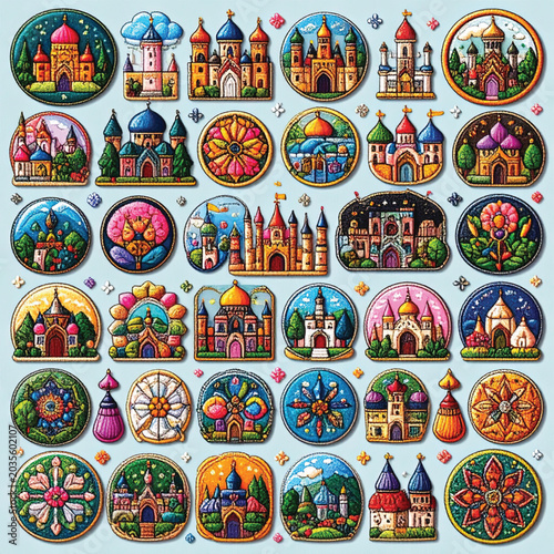 Collection of colorful castle designs.