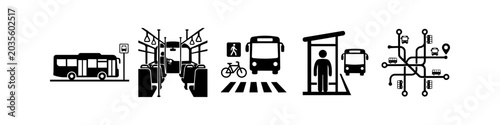 Bilde på lerret Set of black icons representing public bus transportation, featuring bus stops, vehicle interiors, pedestrian crossings, commuter shelters, and urban route map networks