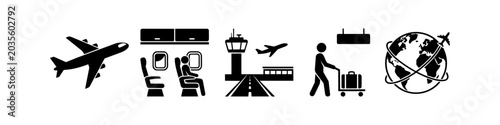 Fotografía Black and white air travel icon set featuring a plane, cabin interior, control tower, passenger with luggage, and globe