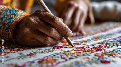 Close-up of a woman weaving traditional Nakshi Kantha embroidery with intricate colorful patterns