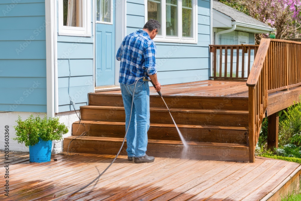 Fototapeta premium Man Pressure Washing Wooden Deck Outside Blue House