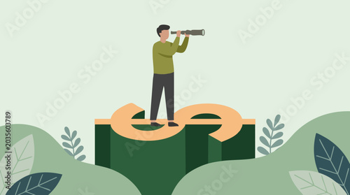 Fotografie Financial foresight concept with man on dollar sign looking through telescope