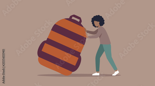 Photos Person Struggling to Push a Giant Backpack: Concept of Heavy Burden