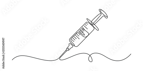 Single line drawing of a medical syringe with liquid inside, on a white background Vector, illustration