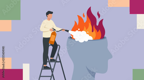 Canvastavla Coping with stress: Man uses fire extinguisher to put out fire in human head