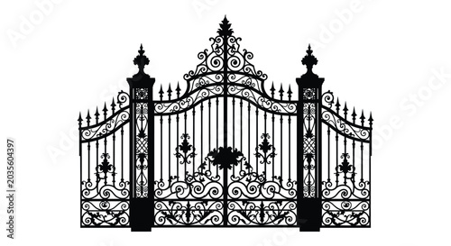 Bild auf Leinwand Ornate wrought iron gate with decorative flourishes black silhouette