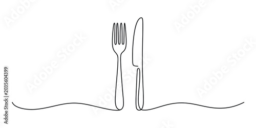Continuous line drawing of a fork and a knife for a restaurant symbol Vector, illustration