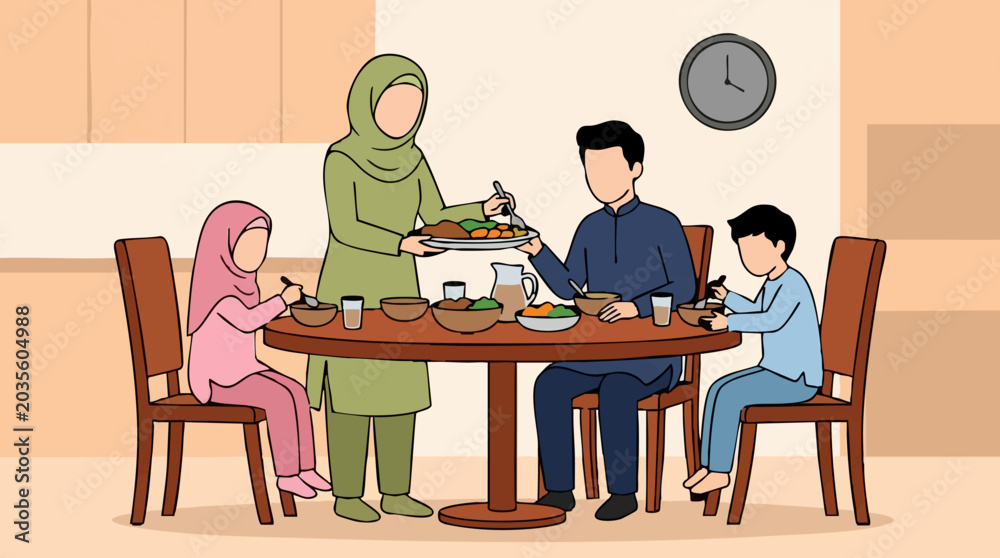 Fototapeta premium Muslim Family Enjoying a Meal Together at Home, Illustration