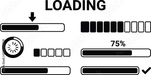 Photos Progress bar icons with percentage and checkmark during computer loading process