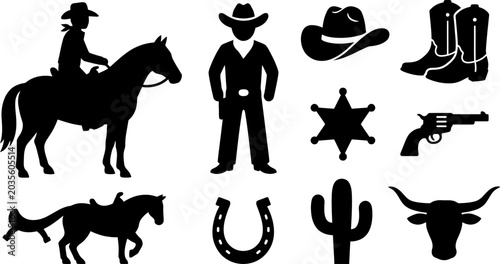 Western cowboy rides horse with sheriff and symbols nearby in open range landscape