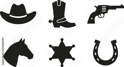 Western cowboy icons including hat, boot, gun, horse head, badge, and horseshoe