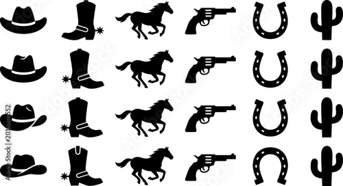 Western vector icons feature cowboy hats, boots, horses, guns, and cacti in black.