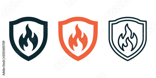 Fotografie Fire Protection Icon with Shield and Flame Symbol, Heat Resistant Safety Illustr