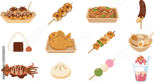 Japanese street food vector illustration set with traditional snacks