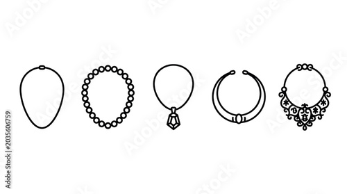 Five different types of necklaces and jewelry icons representing various styles and designs in a minimalist line art illustration.