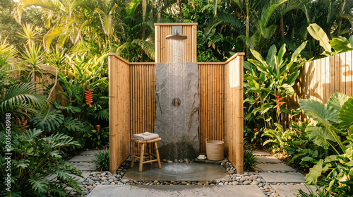 Outdoor tropical shower designed for comfortable and refreshing living close to nature. Modern resort lifestyle scene about convenience, relaxation and effortless everyday wellness